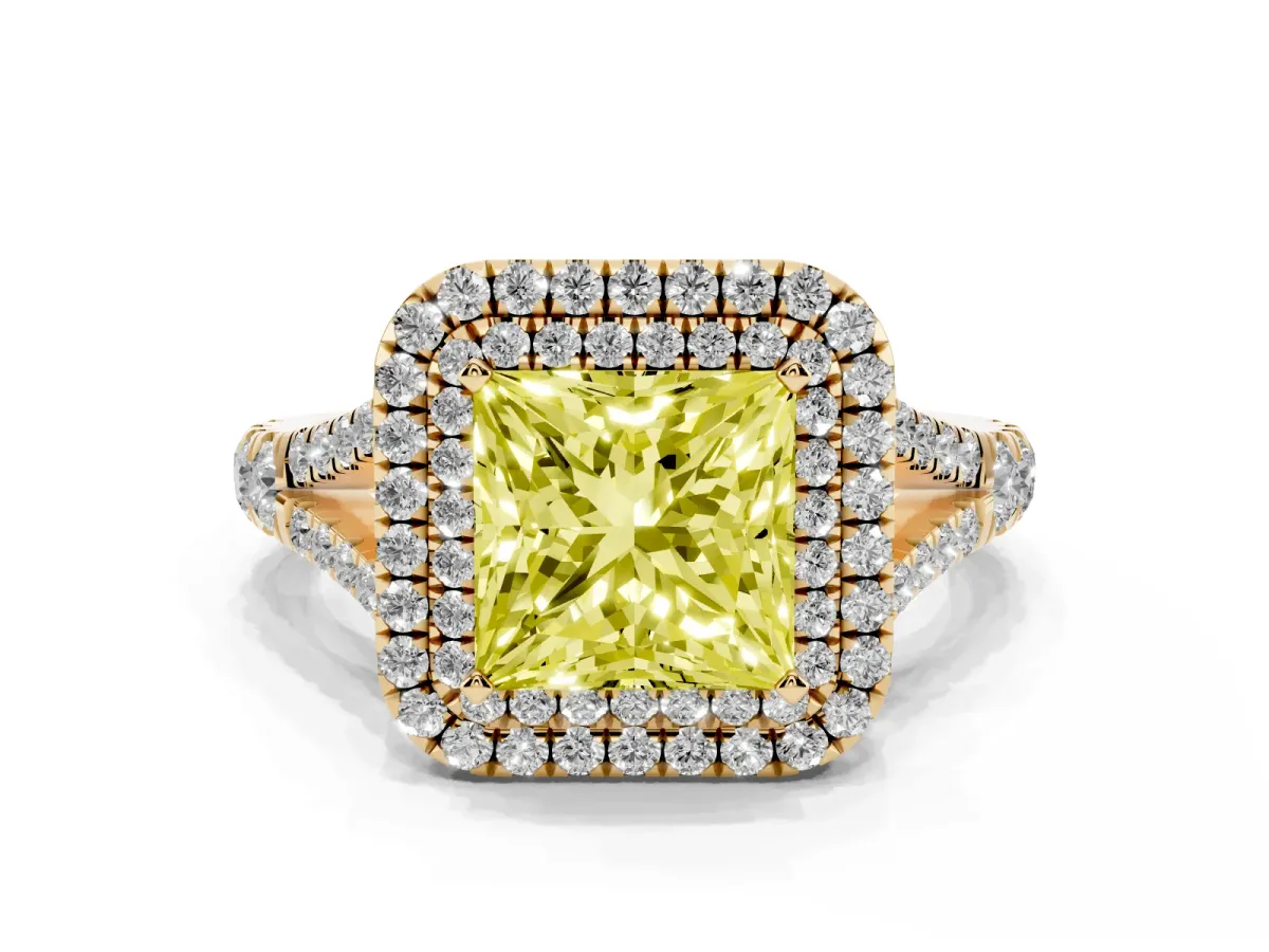 Fancy Yellow Princess Cut Diamond Pavé Split Shank Double Halo Engagement Ring Yellow gold