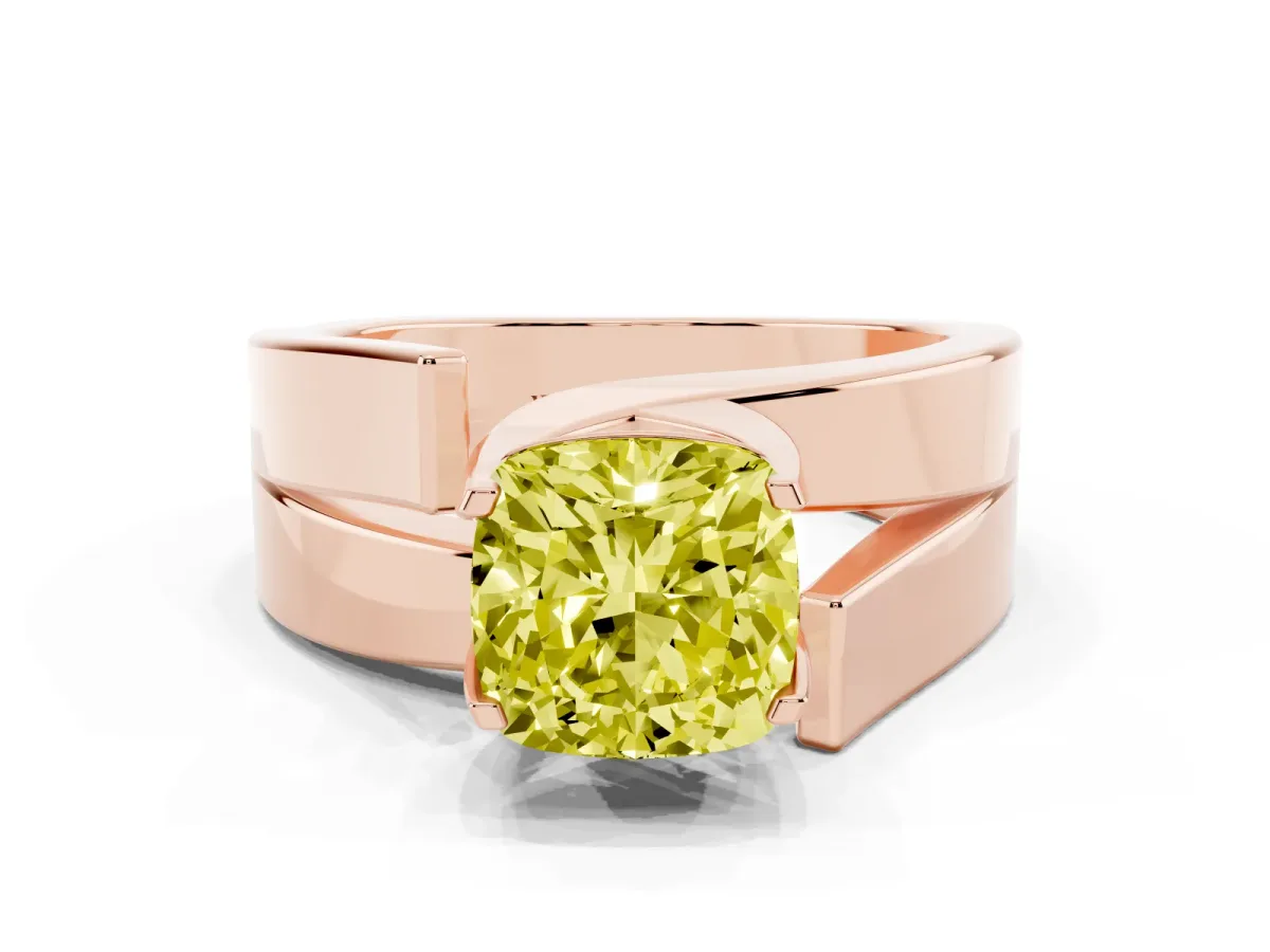 Fancy Yellow Modern Tension Set Cushion Cut Diamond Solitaire Wide Band Ring Rose gold