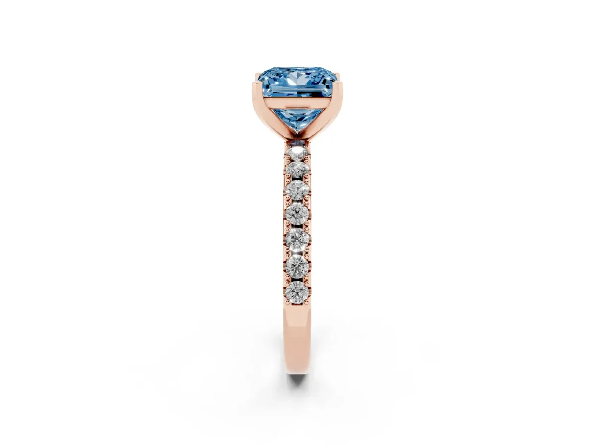 Fancy Blue Princess Cut Diamond Solitaire Pavé Band with Four-Prong Setting Rose gold