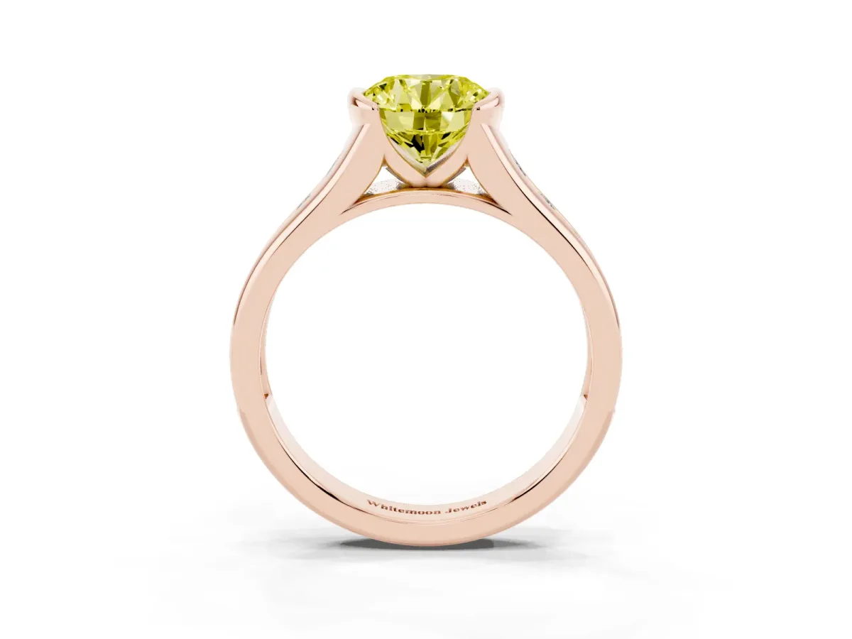 Fancy Yellow Round Cut Solitaire Bezel-Set Diamond Ring with Channel-Set Band Rose gold