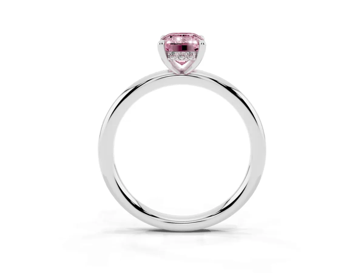 Fancy Pink Emerald Cut Diamond Solitaire Ring with Thin Band and Four-Prong Setting Platinum
