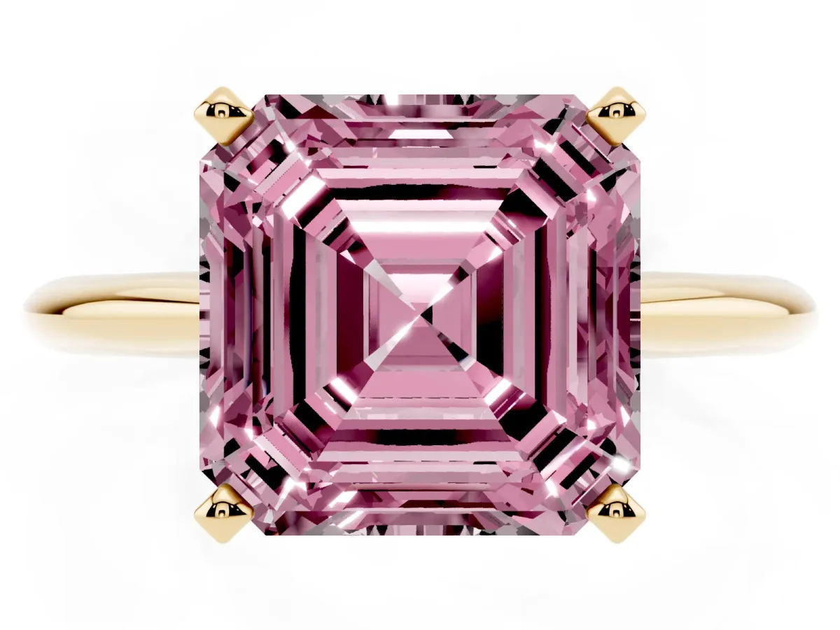 Fancy Pink Asscher Cut Cut Solitaire Ring with Four-Prong Setting on a Classic Band Yellow gold