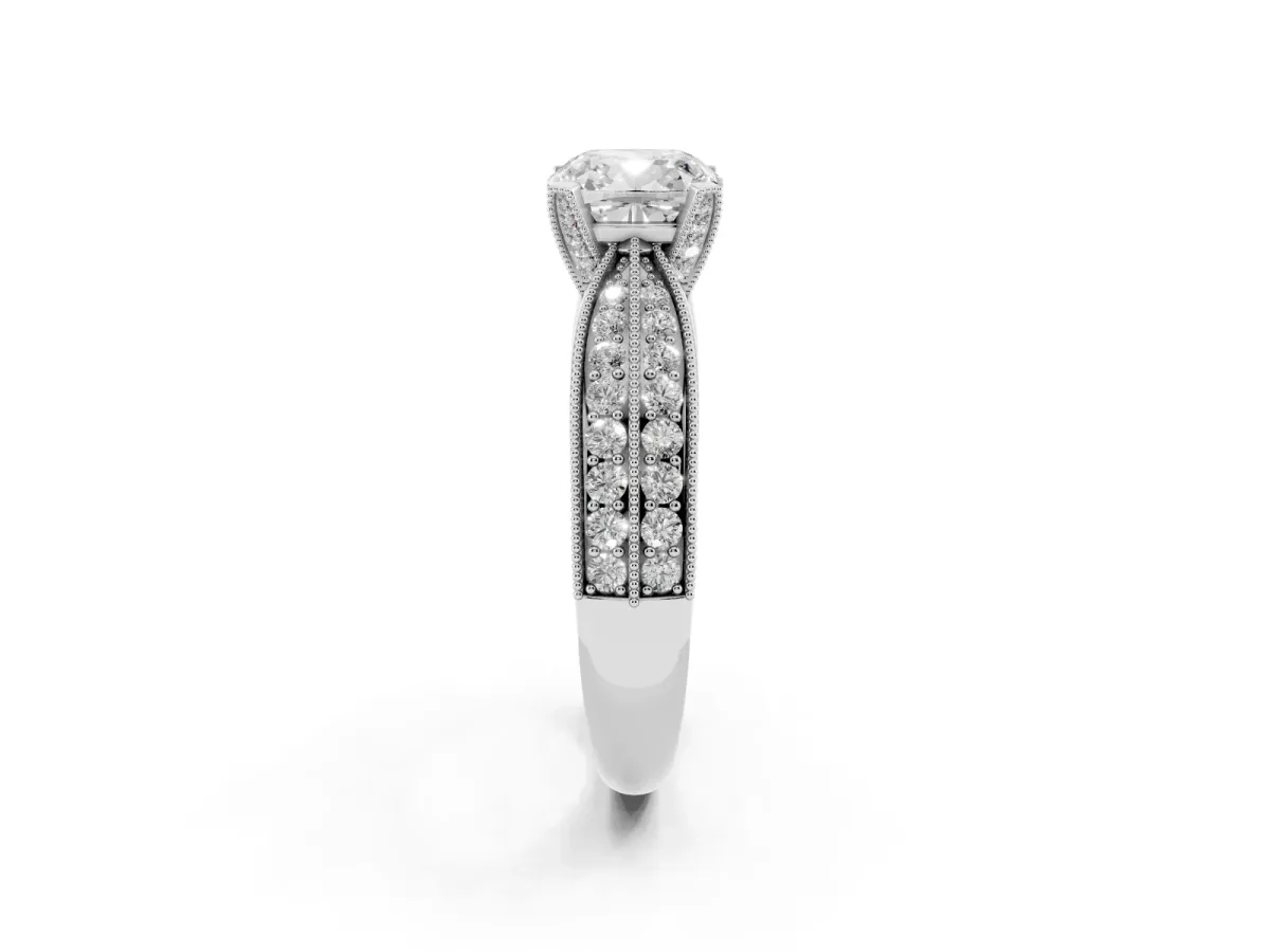 Cushion Cut Diamond Solitaire Ring with Milgrain Round Pavé Band and Prong Setting Silver