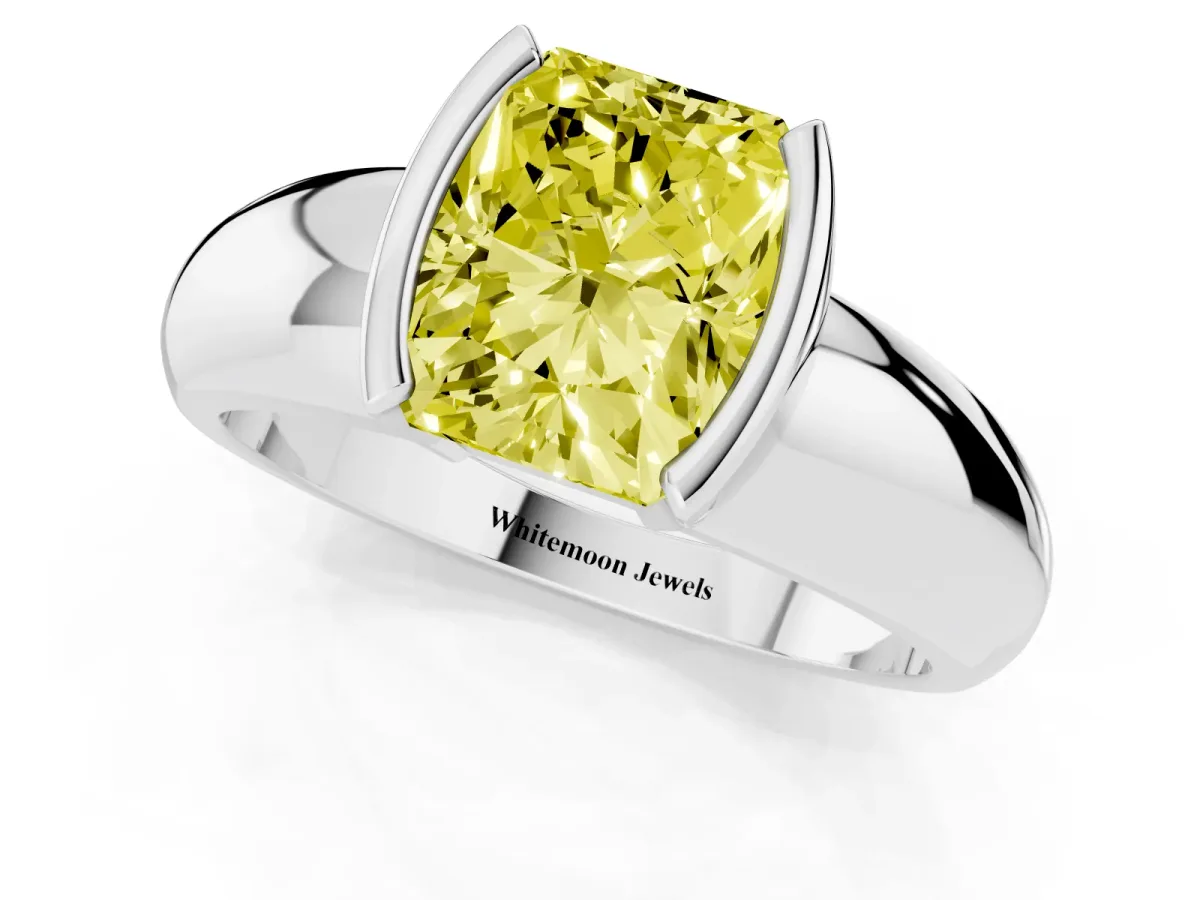 Fancy Yellow Radiant Cut Solitaire Tension Set Diamond Ring with Wide Band Silver
