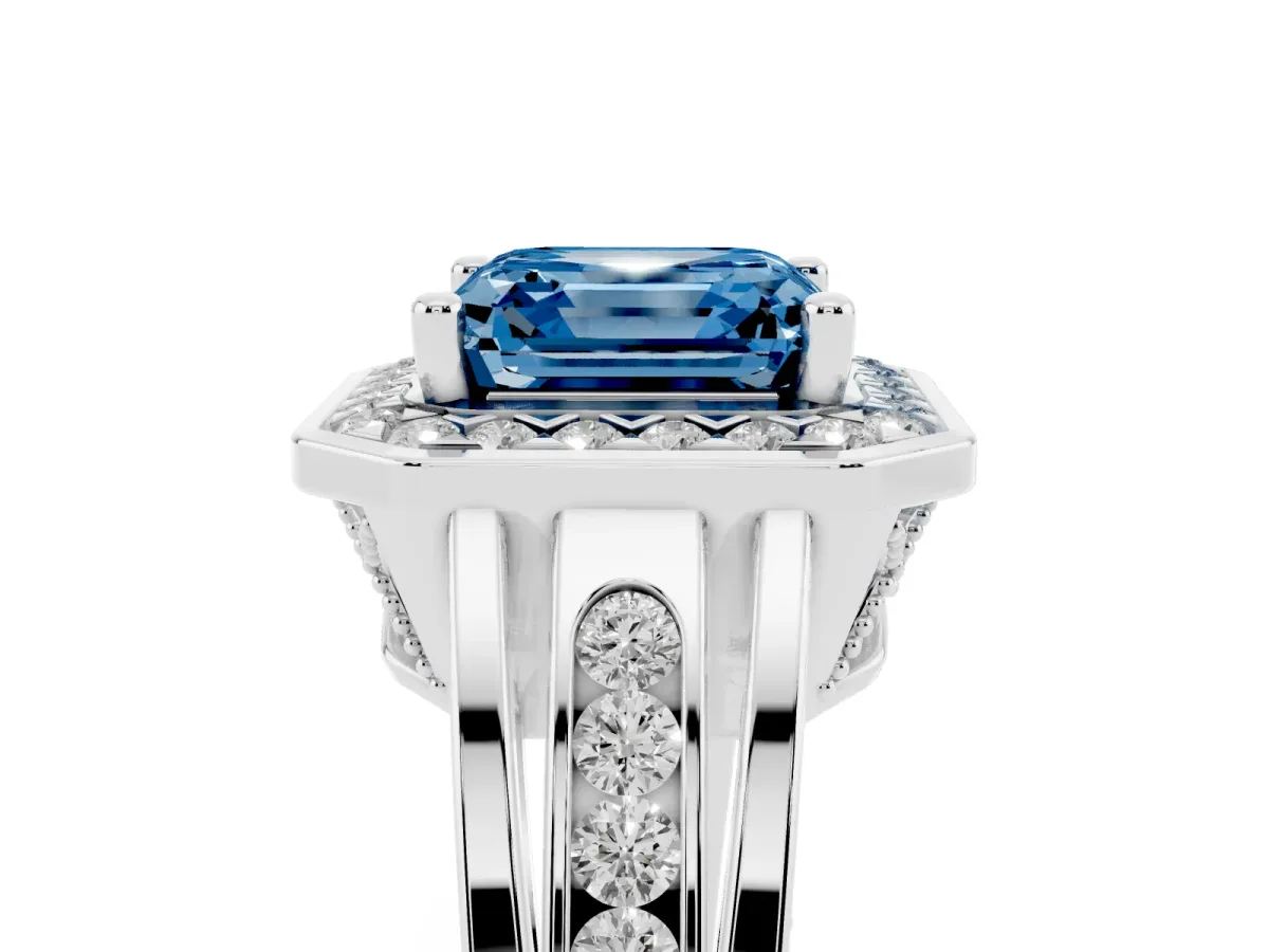 Fancy Blue Asscher Cut Diamond Halo Ring with Split Shank and Bezel Accents and Prong Setting Silver