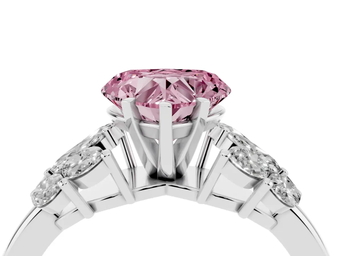 Fancy Pink Heart Cut Diamond Cluster Leaf Design Ring with Prong Setting Silver