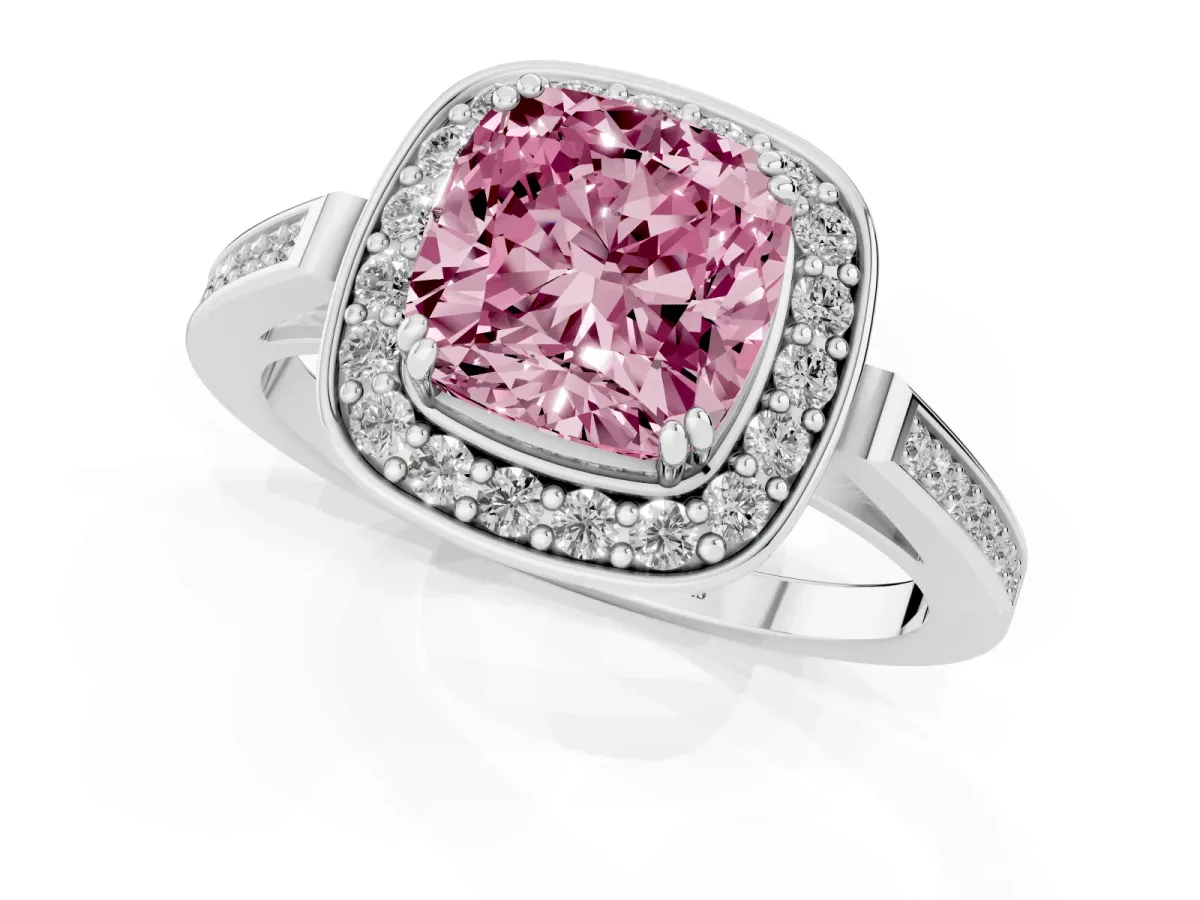 Fancy Pink Cushion Cut Diamond Halo Ring with Split Shank and Four-Prong Setting Silver
