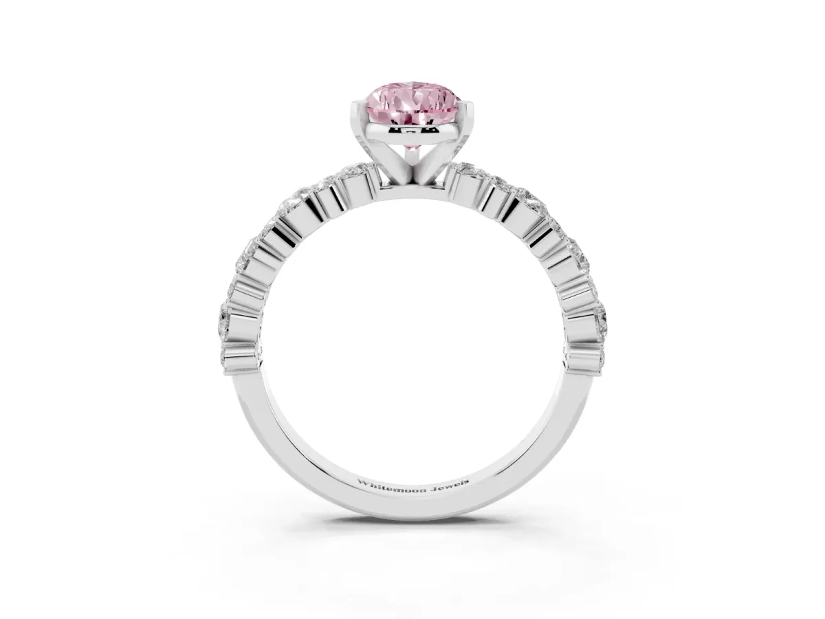Fancy Pink Pear Cut Diamond Side Stone Solitaire Ring with Round and Four-Prong Setting Silver