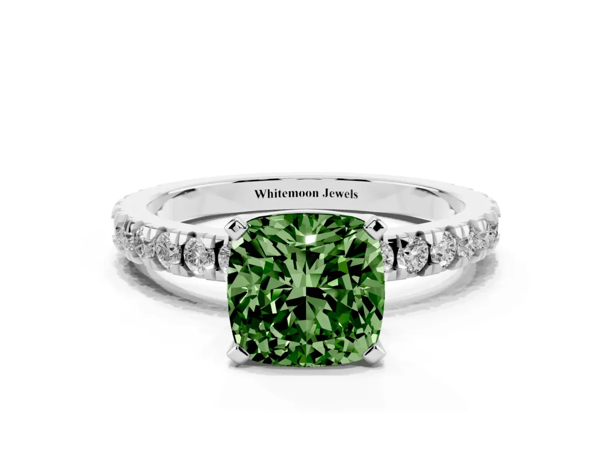 Fancy Green Cushion Cut Diamond Pavé Band Solitaire with Four-Prong Setting Silver