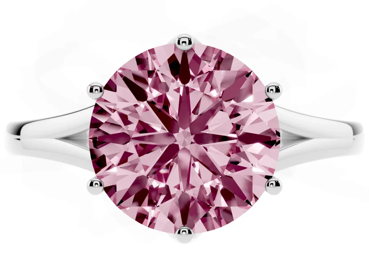 Fancy Pink Round Cut Solitaire Diamond Ring with Six-Prong Setting and Tapered Band Silver
