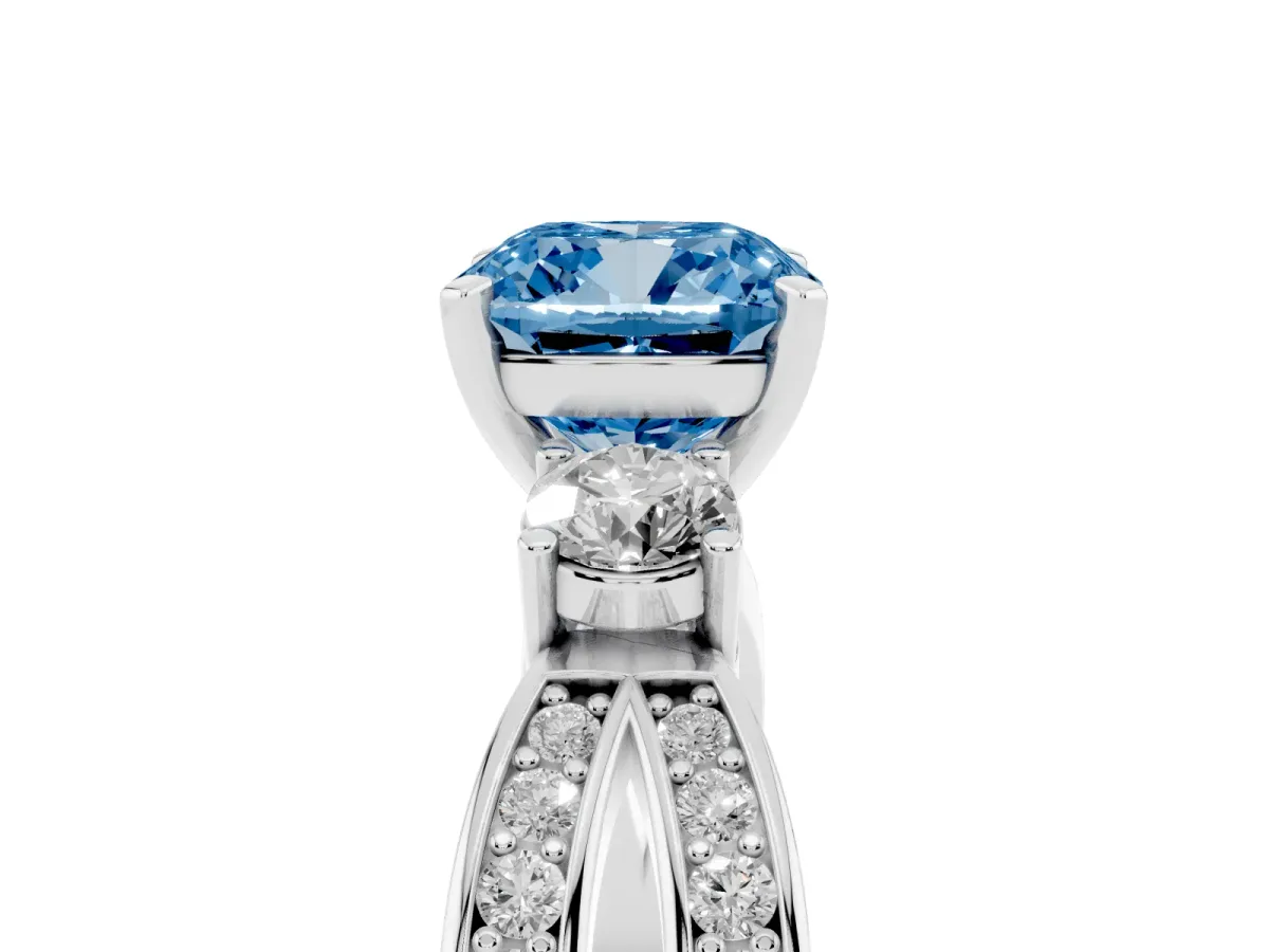 Fancy Blue Three-Stone Cushion Cut Cut Diamond Twist Band with Prong Setting Silver