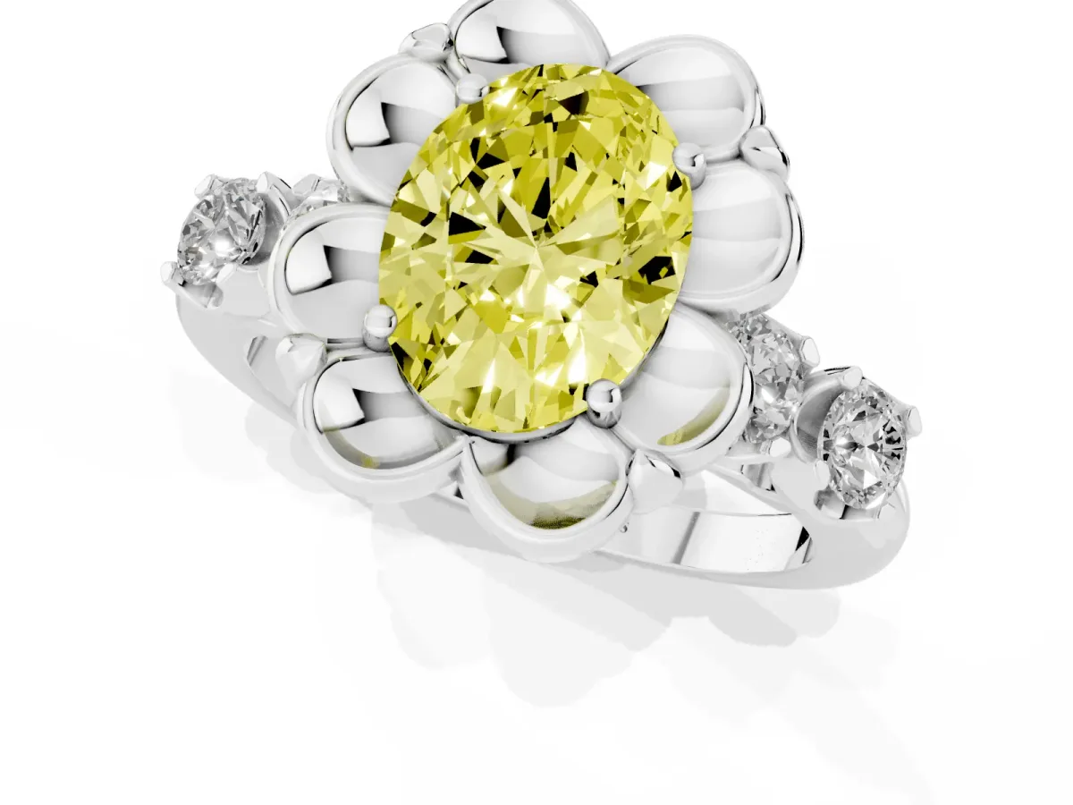 Fancy Yellow Oval Cut Cut Diamond Floral Halo Engagement Ring with Shared Prong Setting Silver