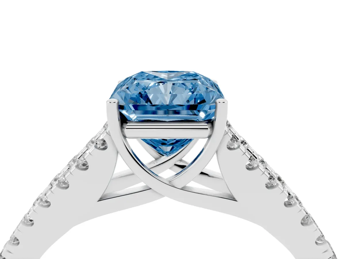 Fancy Blue Radiant Cut Diamond Split Shank Engagement Ring with Round Pavé and Prong Setting Silver