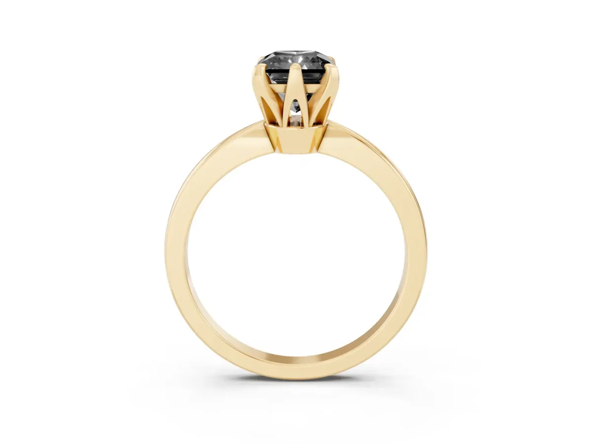 Fancy Black Radiant Cut Solitaire Engagement Ring with Six-Prong Setting and Tapered Band Yellow gold