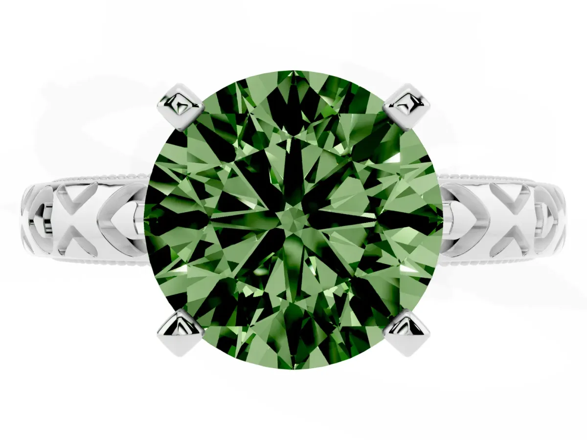 Fancy Green Round Cut Solitaire Diamond Engagement Ring with XO Engraved Band and Four-Prong Setting Platinum