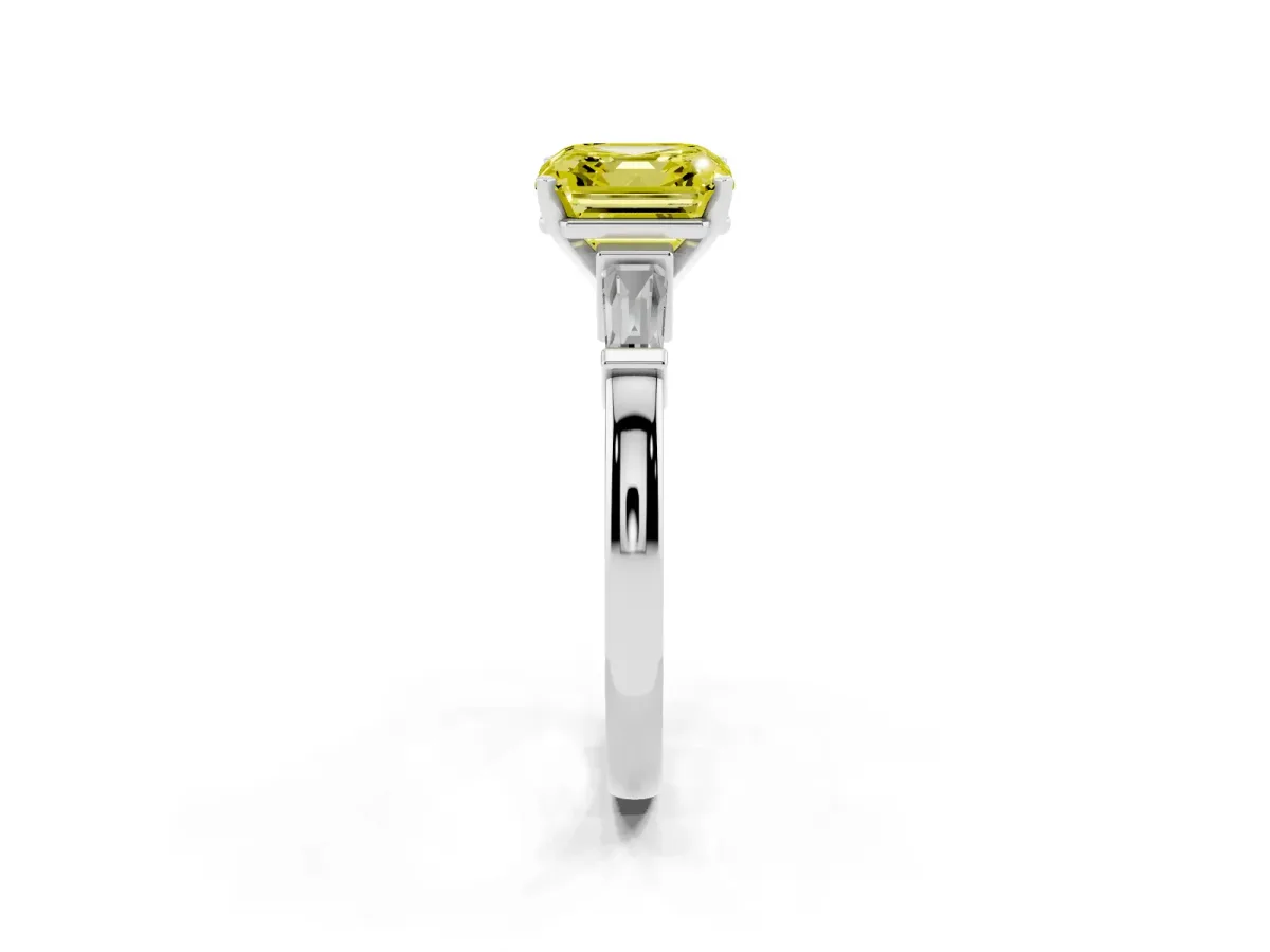 Fancy Yellow Asscher Cut Cut Diamond Solitaire Ring with Tapered Baguette Accents and Four-Prong Setting Platinum
