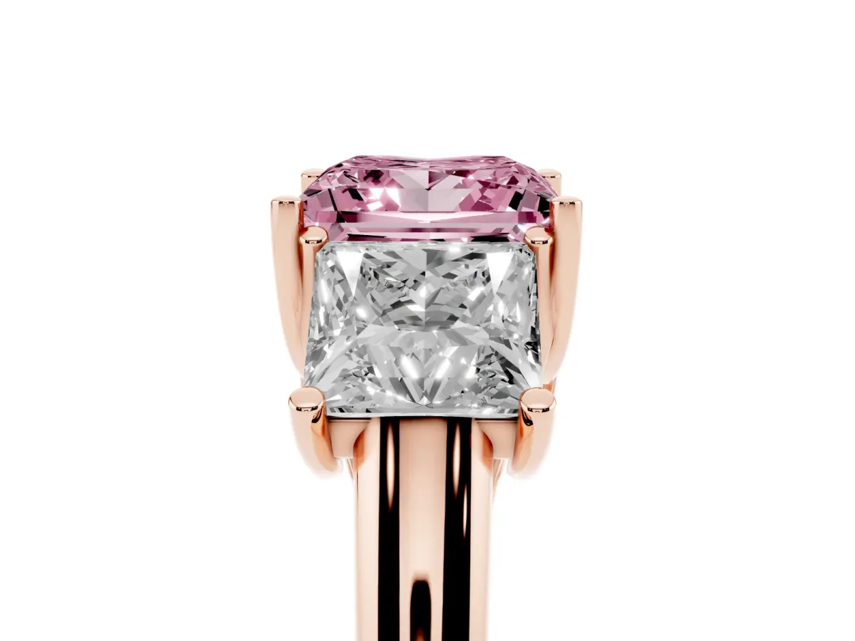 Fancy Pink Three-Stone Princess Cut Diamond Engagement Ring with Prong Setting Rose gold