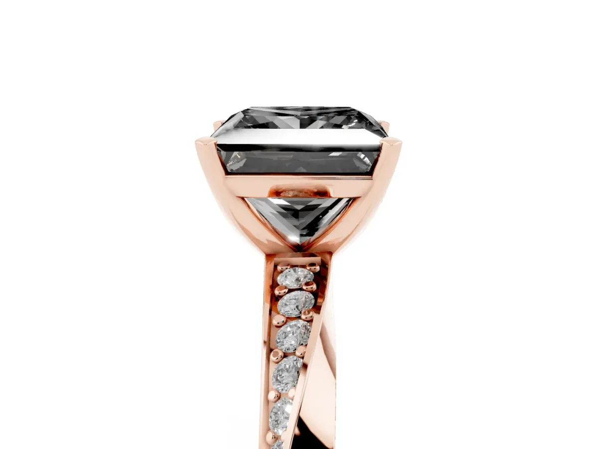 Fancy Black Princess Cut Diamond Engagement Ring with Side Stone Accents and Four-Prong Setting Rose gold