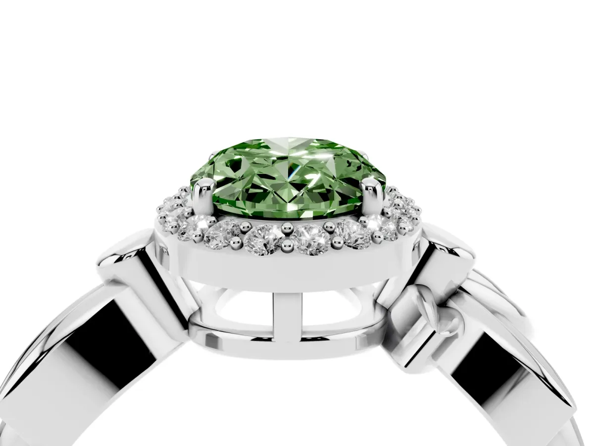 Fancy Green Oval Cut Halo Diamond Floral Band with Four-Prong Setting White gold
