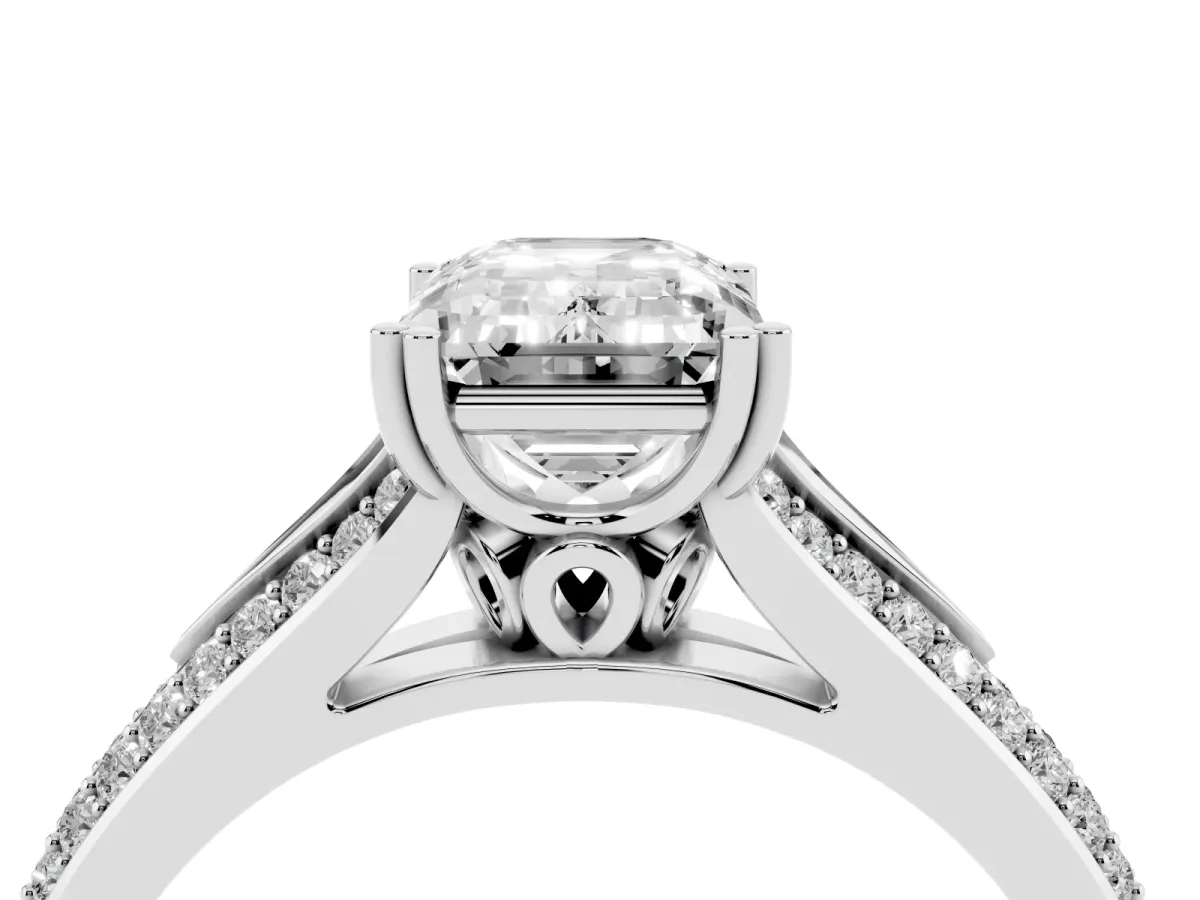 Emerald Cut Diamond Split Shank Engagement Ring with Pavé Band Silver
