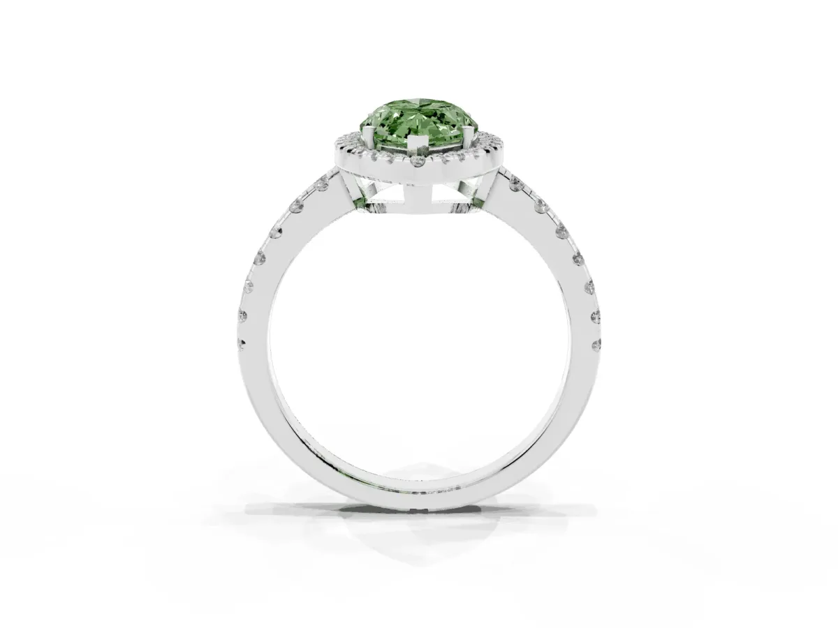 Fancy Green Marquise Cut Diamond Halo Ring with Pavé Band and Four-Prong Setting White gold