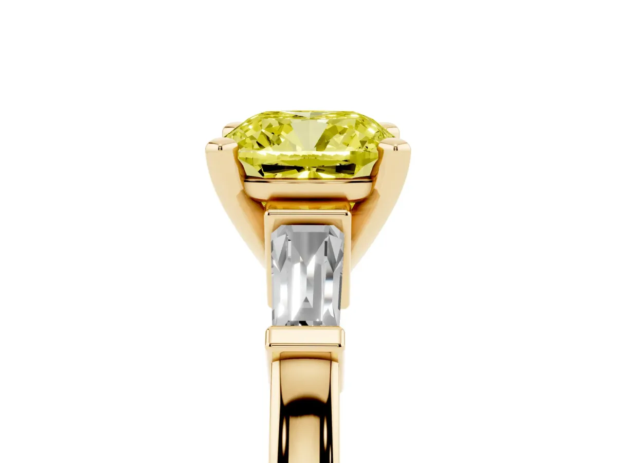Fancy Yellow Cushion Cut Cut Diamond Solitaire Ring with Tapered Baguette Accents and Four-Prong Setting Yellow gold