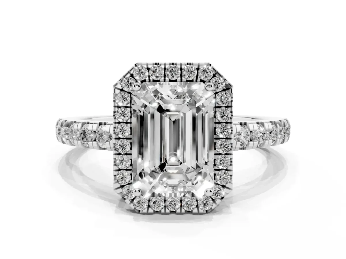 Emerald Cut Diamond Halo Ring with Pavé Band and Four-Prong Setting Silver