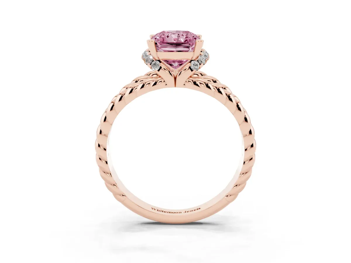 Fancy Pink Radiant Cut Halo Twisted Band Four-Prong Ring Rose gold