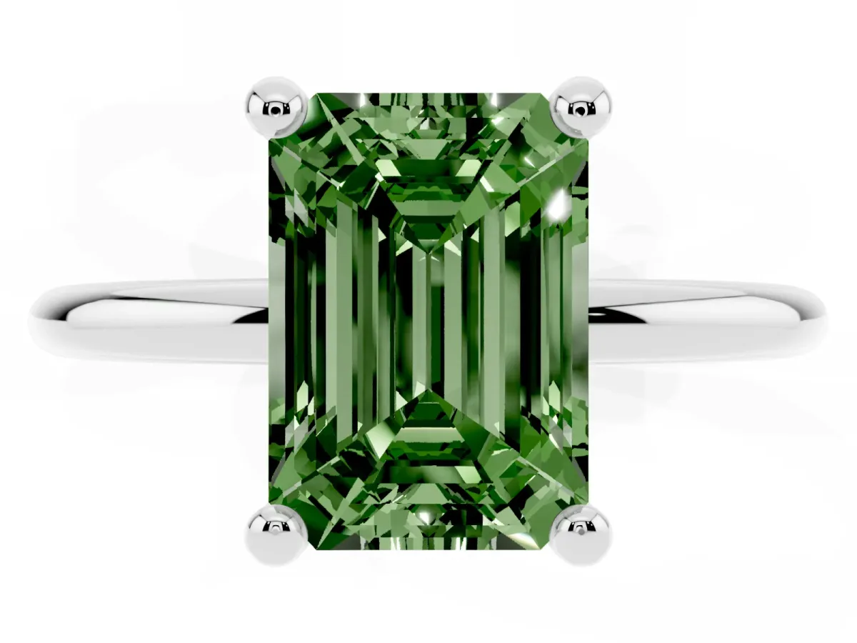Fancy Green Emerald Cut Solitaire Diamond Ring with 4-Prong Setting on a Classic Band Platinum