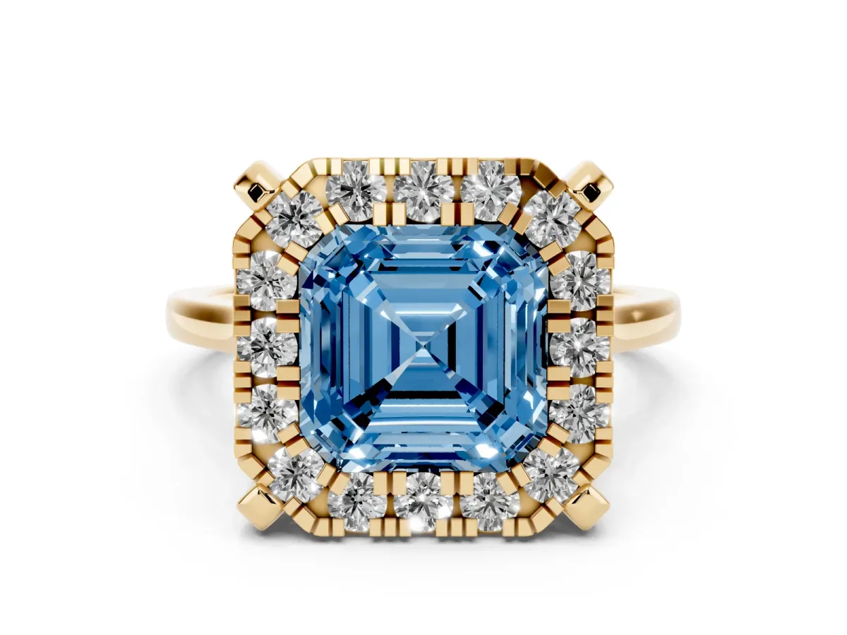 Fancy Blue Asscher Cut Diamond Cluster Halo Solitaire with Four-Prong Setting Yellow gold