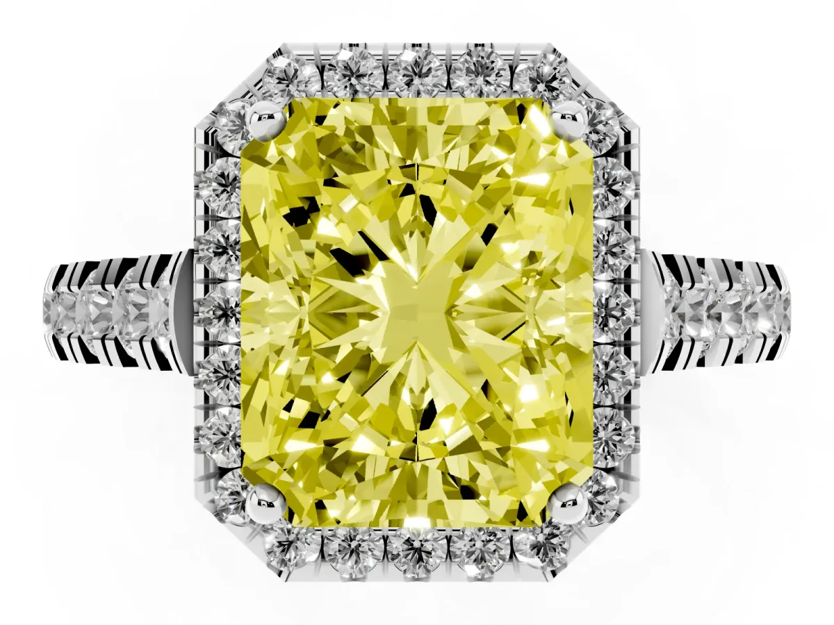 Fancy Yellow Radiant Cut Halo Pavé Diamond Engagement Ring with Four-Prong Setting Platinum