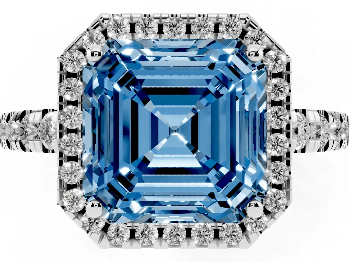 Fancy Blue Asscher Cut Diamond Halo Ring with Pavé Band and Four-Prong Setting Platinum