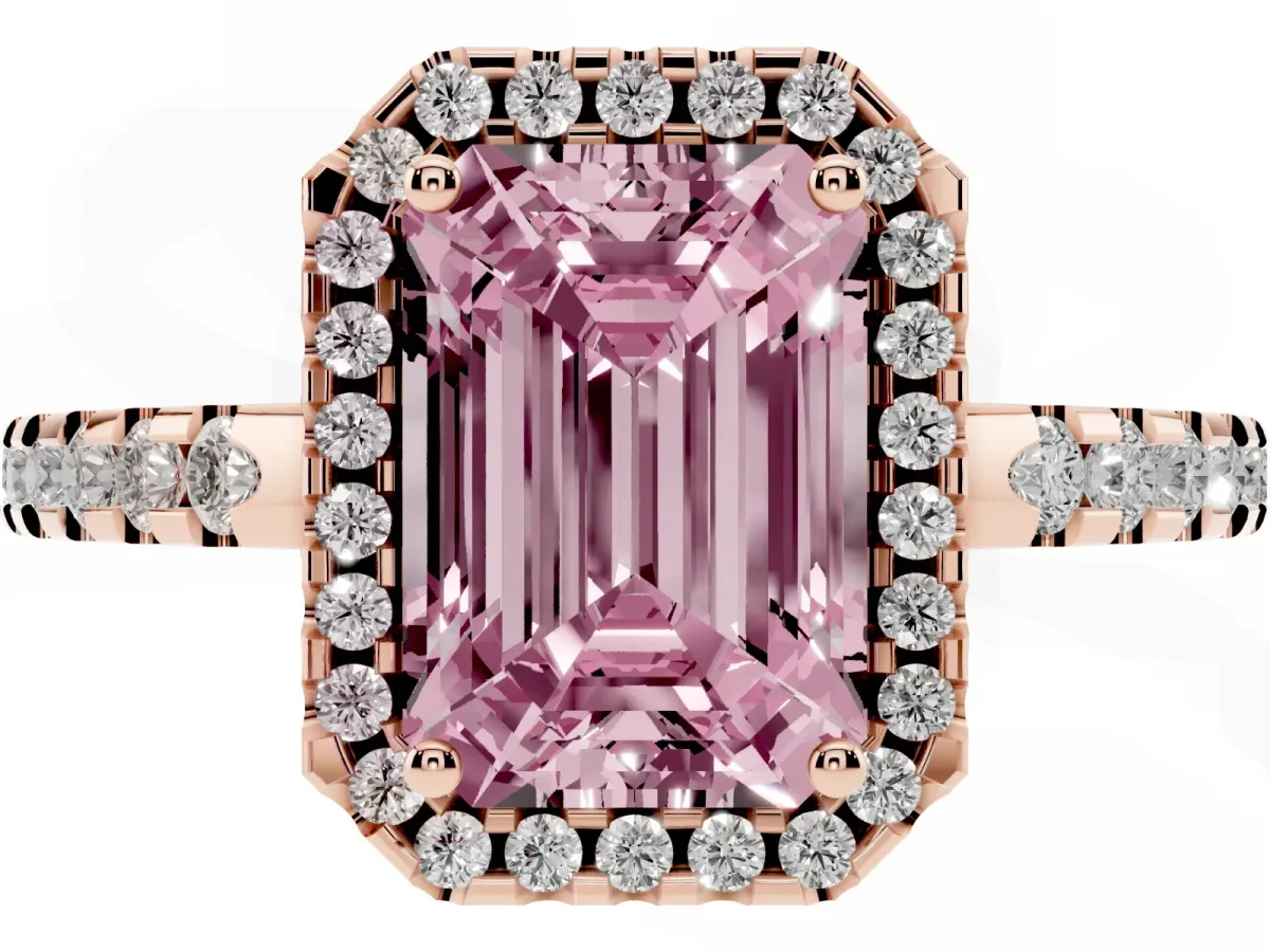 Fancy Pink Emerald Cut Diamond Halo Engagement Ring with Pavé Band and Prong Setting Rose gold