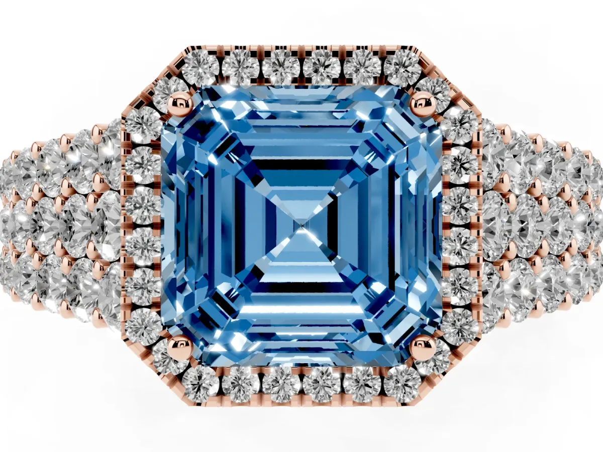 Fancy Blue Asscher Cut Diamond Halo Engagement Ring with Triple Row Round Pavé Band and Prong Setting Rose gold