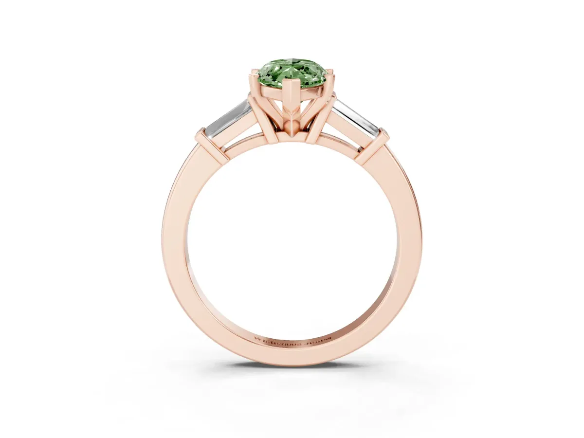 Fancy Green Marquise Cut Cut Diamond Solitaire Ring with Tapered Baguette Accents and Four-Prong Setting Rose gold