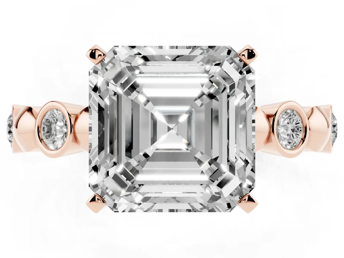 Asscher Cut Solitaire Bezel-Set Diamond Ring with Beaded Band and Four-Prong Setting Rose gold