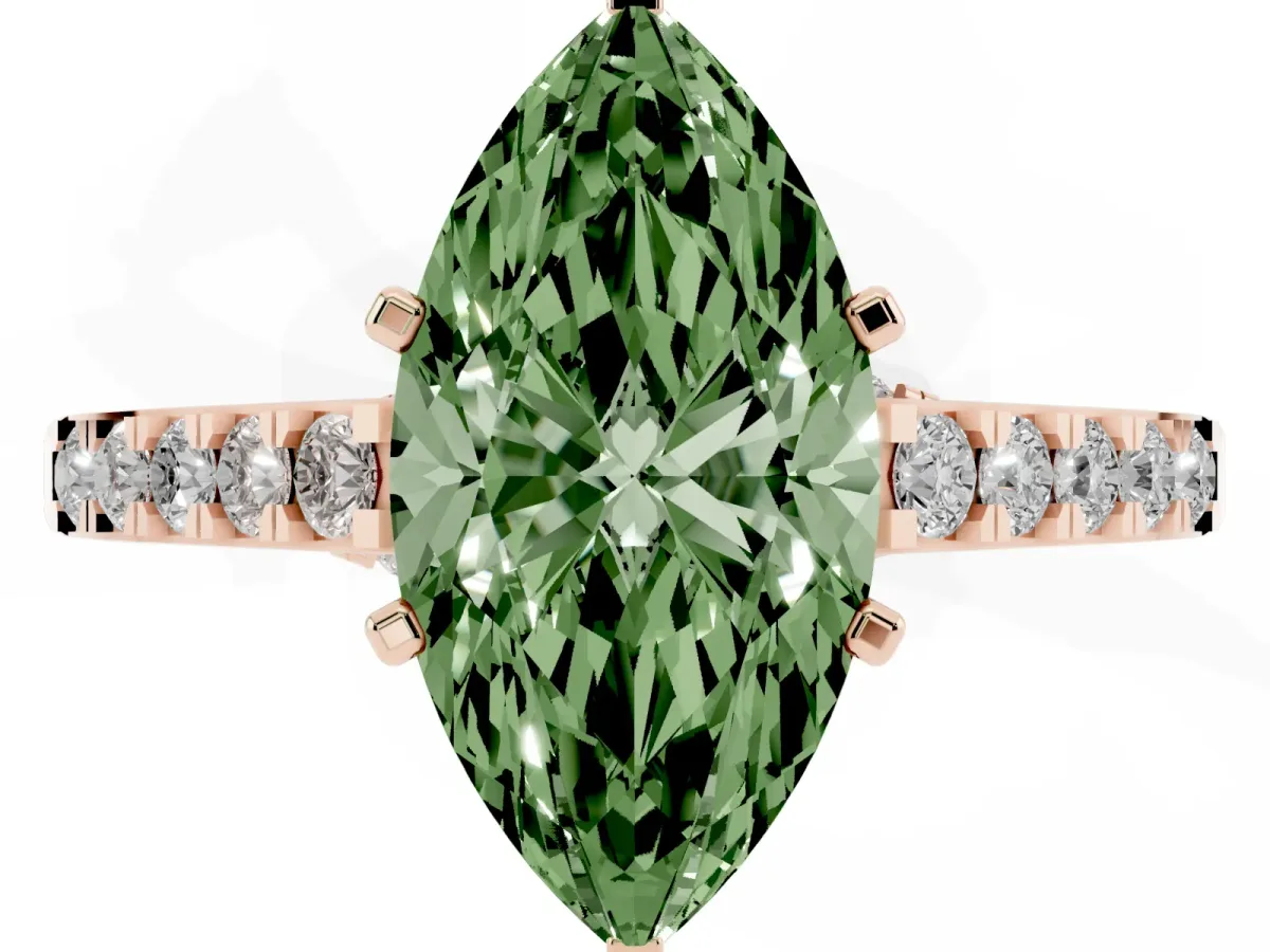 Fancy Green Marquise Cut Diamond Solitaire Ring with Crossover Gallery and Round Pavé Band Rose gold