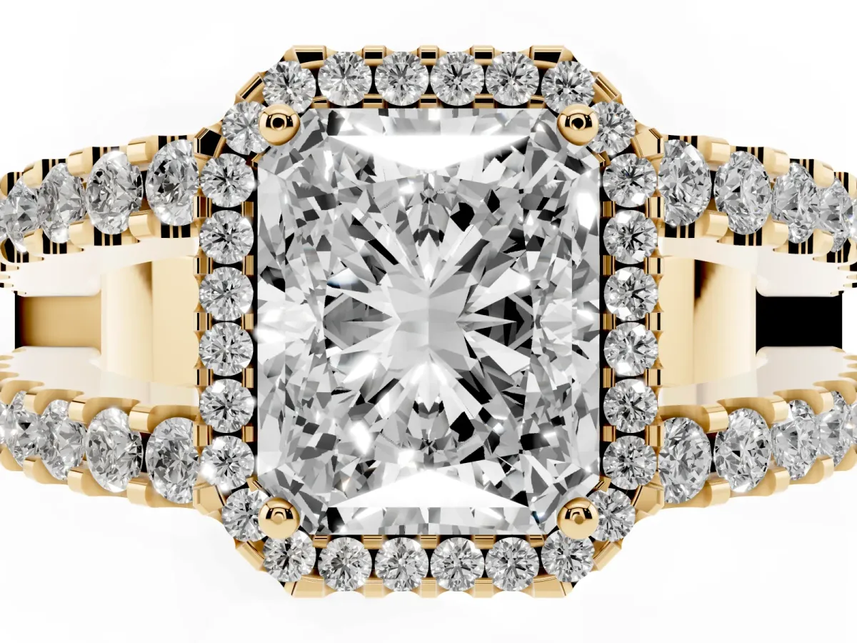 Radiant Cut Cut Halo Split Shank Diamond Ring with Four-Prong Setting Yellow gold