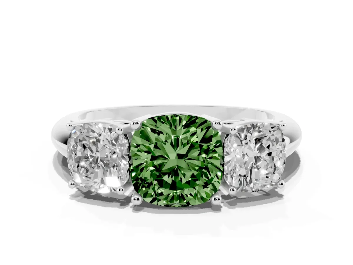 Fancy Green Three-Stone Cushion Cut Cut Diamond Engagement Ring with Prong Setting on a White Gold Band White gold