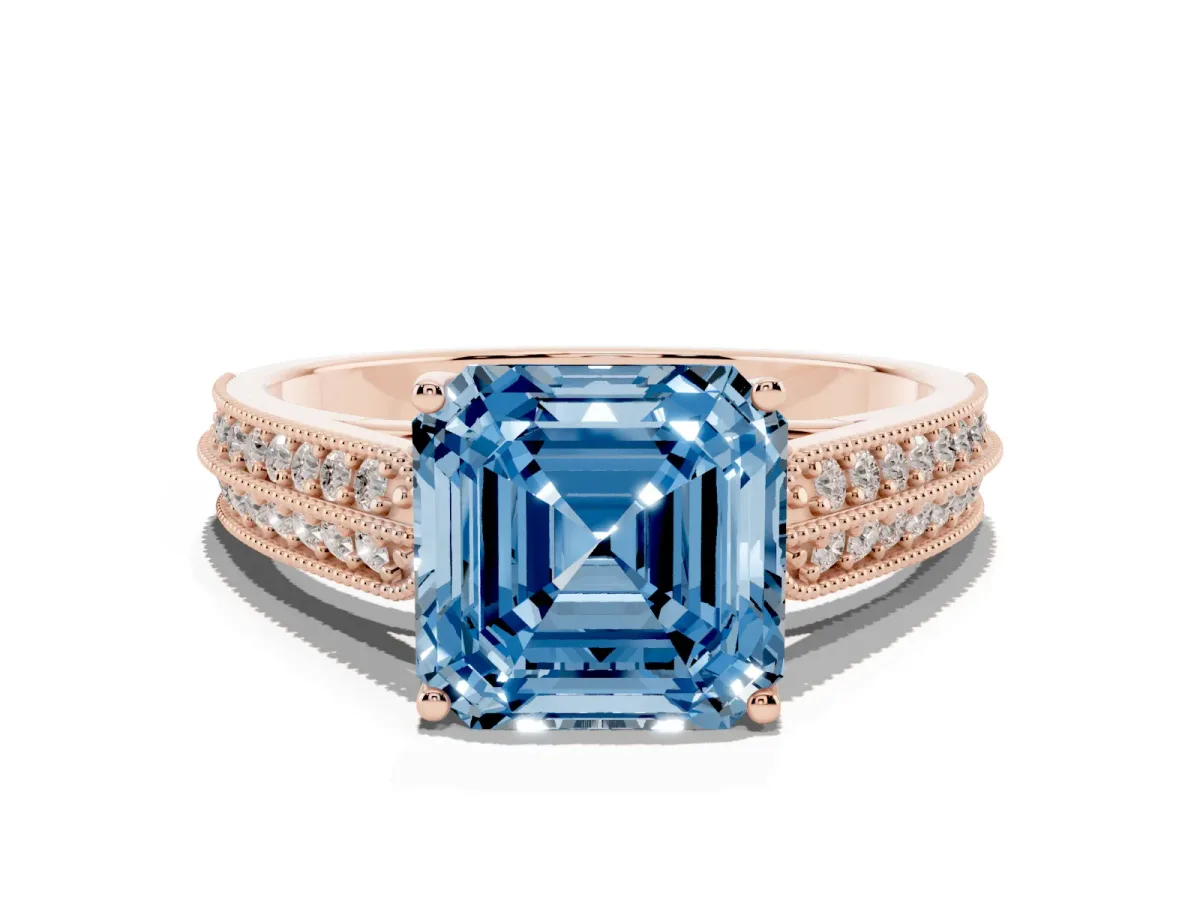 Fancy Blue Asscher Cut Cut Pave Split Shank Engagement Ring with Four-Prong Setting Rose gold