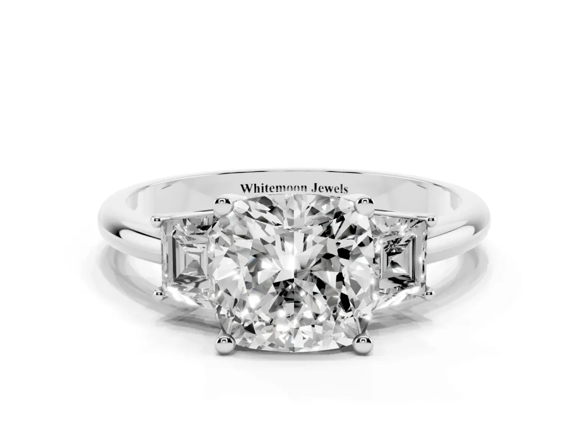 Cushion Cut Diamond Three-Stone Ring with Trapezoid Side Stones and Prong Setting Silver