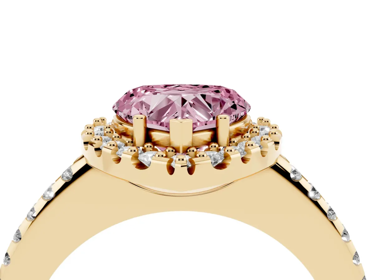 Fancy Pink Heart Cut Diamond Pavé Halo Ring with Four-Prong Setting Yellow gold