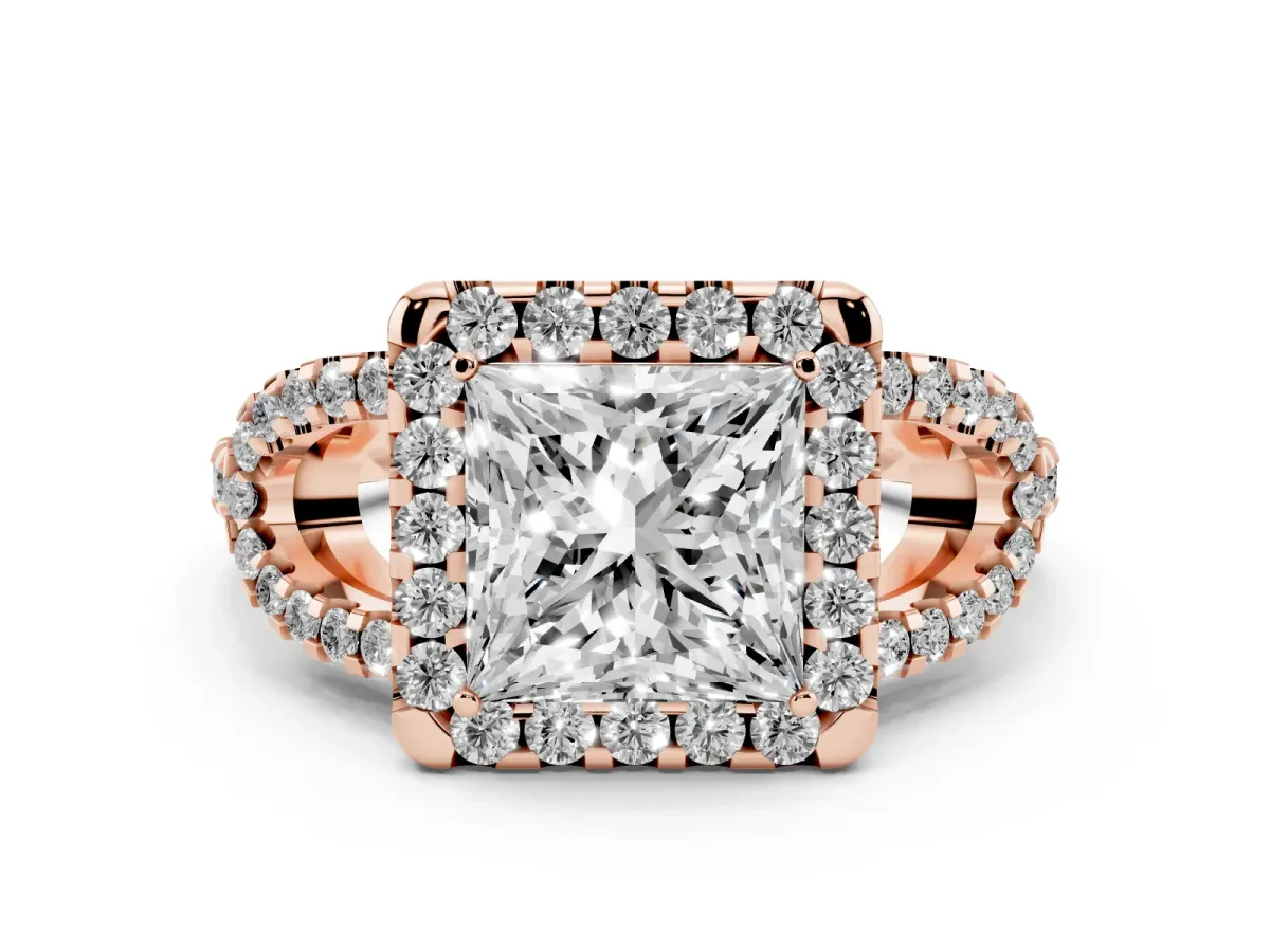 Princess Cut Cut Diamond Halo Engagement Ring with Open Split Pavé Band Rose gold