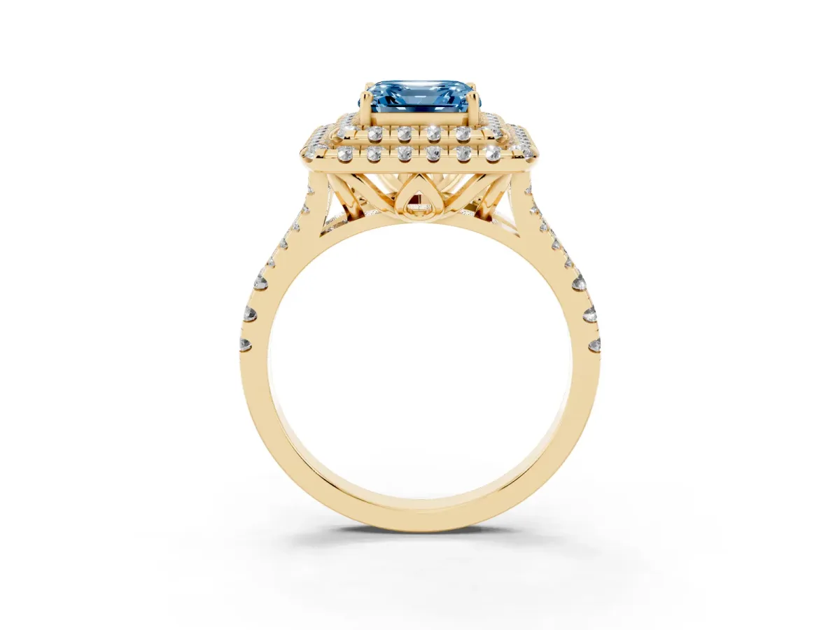 Fancy Blue Double Halo Asscher Cut Diamond Pavé Split Shank Ring with Prong Setting Yellow gold