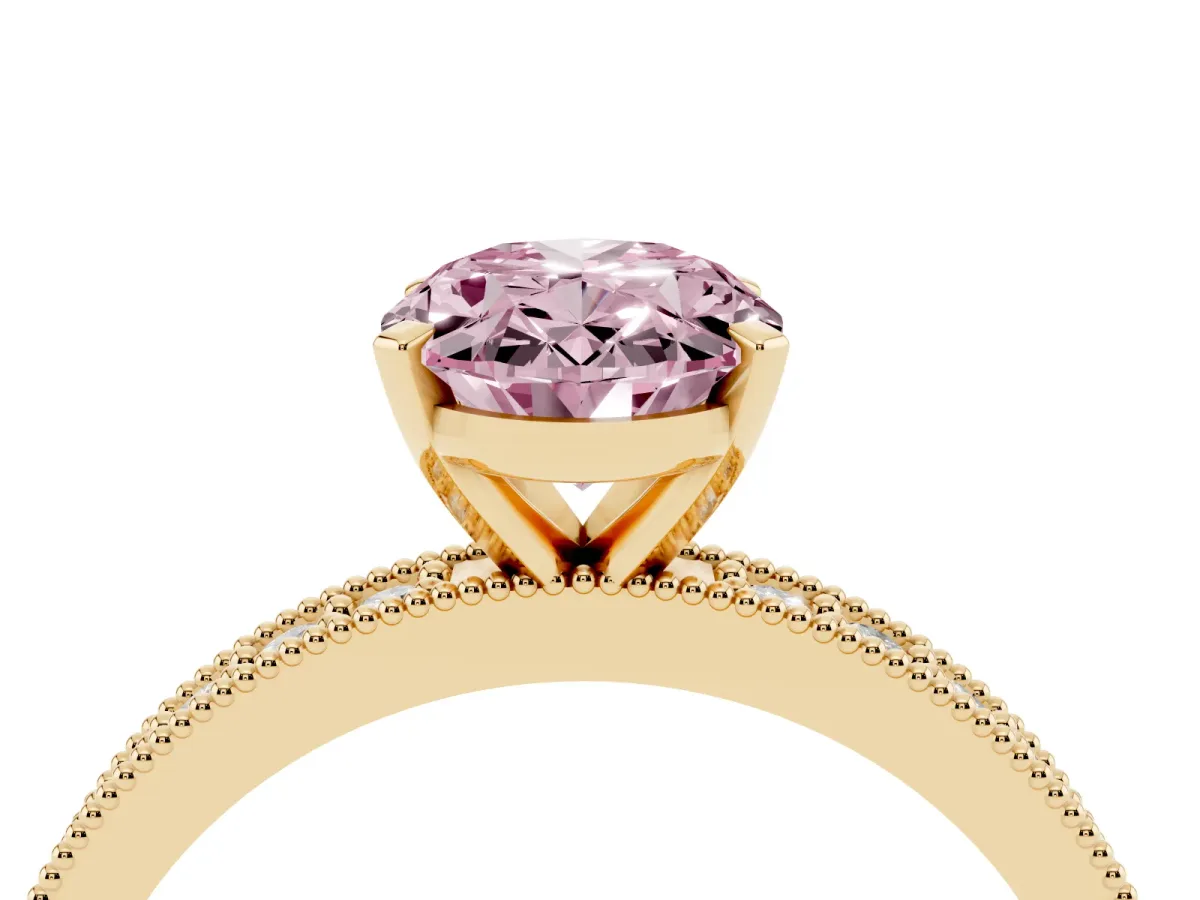 Fancy Pink Oval Cut Diamond Milgrain Pavé Engagement Ring with Four-Prong Setting Yellow gold