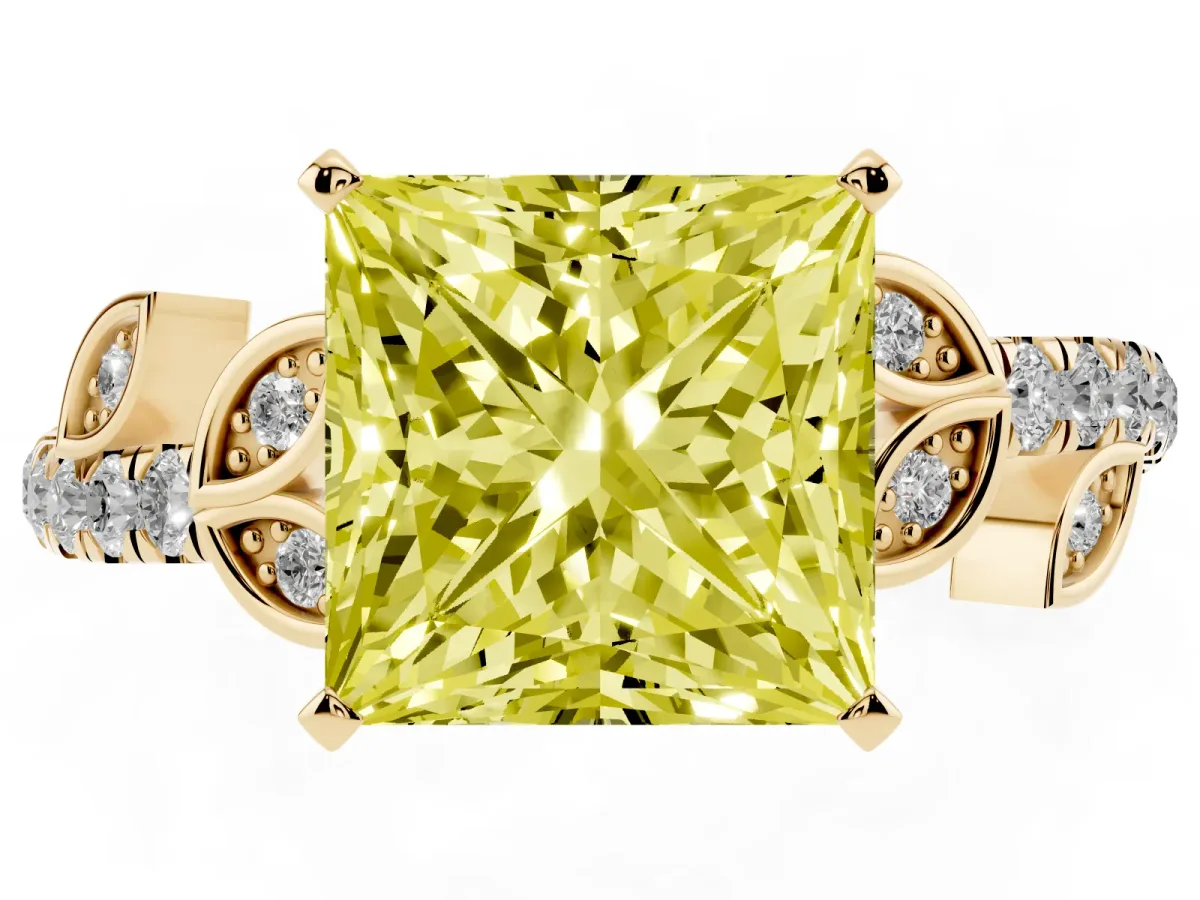 Fancy Yellow Princess Cut Solitaire Leaf-Inspired Diamond Ring with Pavé Band and Four-Prong Setting Yellow gold