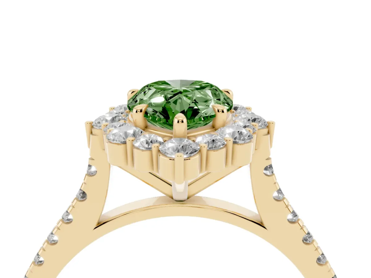 Fancy Green Pear Cut Halo Diamond Ring with Pavé Band and Prong Setting Yellow gold