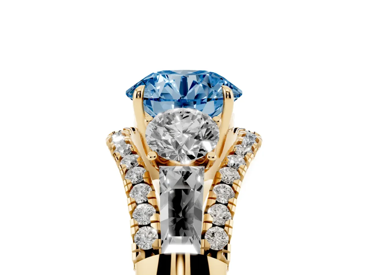 Fancy Blue Three-Stone Round Cut Diamond Engagement Ring with Pave Band and Prong Setting Yellow gold