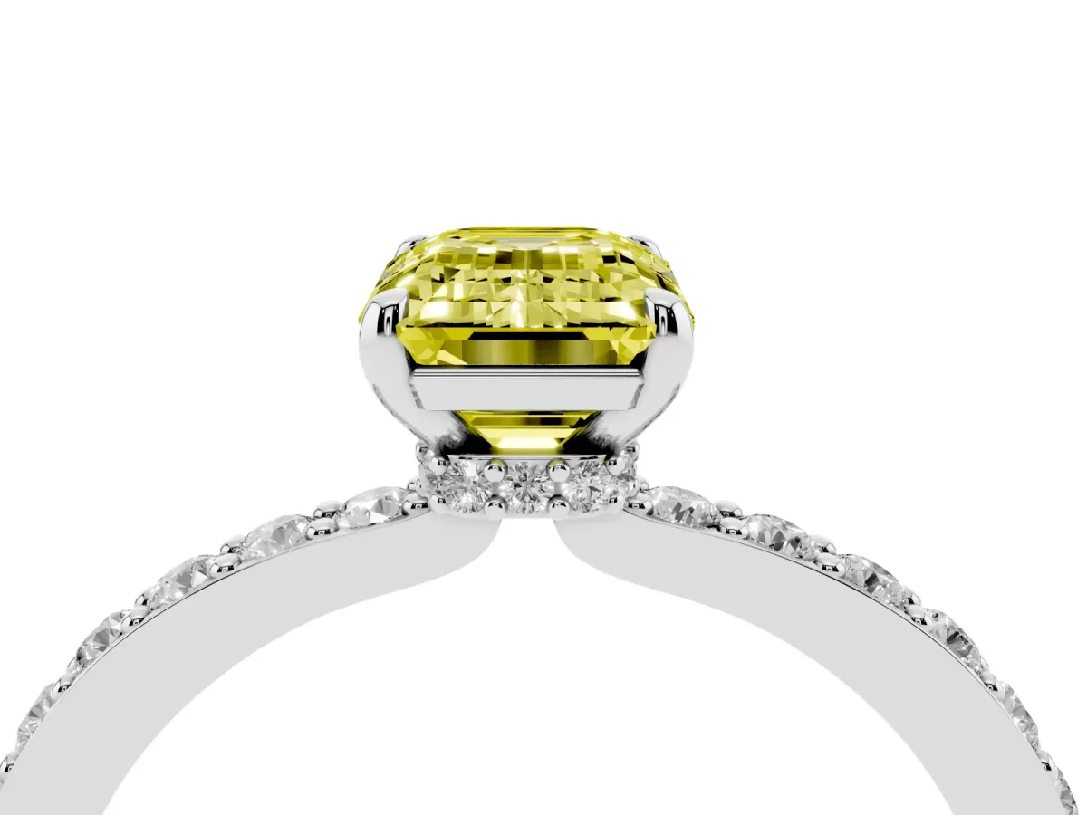 Fancy Yellow Emerald Cut Diamond Solitaire Engagement Ring with Pavé Band and Four-Prong Setting Silver