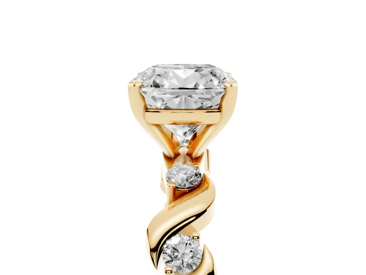 Cushion Cut Diamond Solitaire Twisted Band with Round Accents and Prong Setting Yellow gold